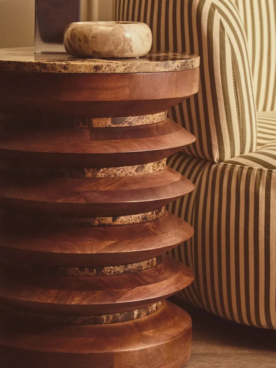Esperance Living Barola Round Brown Marble and Mango Wood Carved Side Table House of Isabella UK