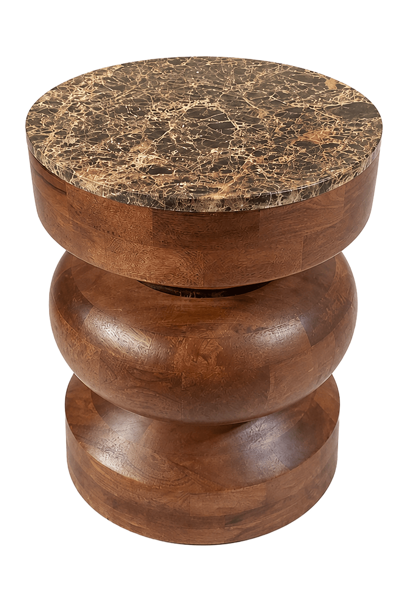 Esperance Living Barola Round Brown Marble and Mango Wood Carved Tiered Side Table House of Isabella UK