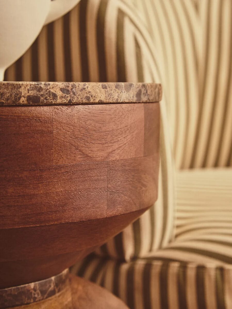 Esperance Living Barola Round Brown Marble and Mango Wood Carved Tiered Side Table House of Isabella UK