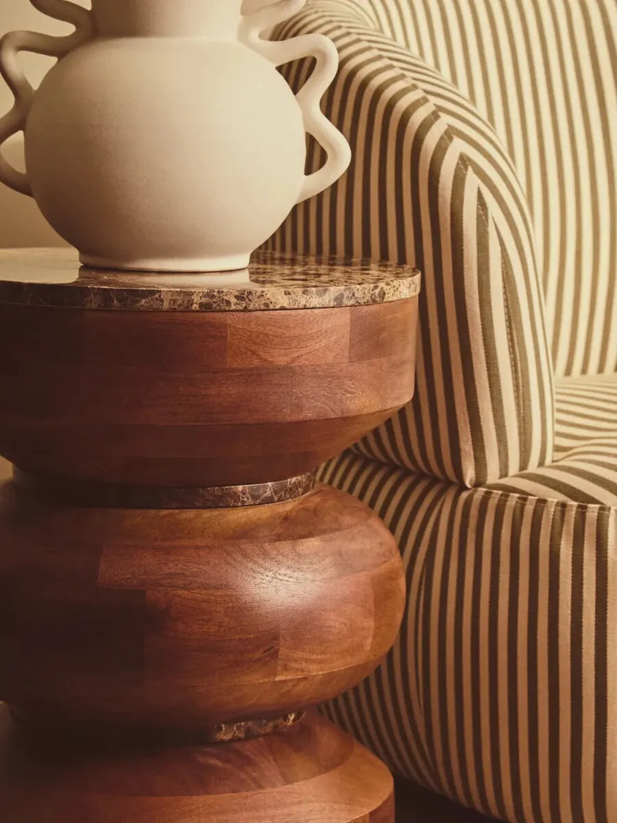 Esperance Living Barola Round Brown Marble and Mango Wood Carved Tiered Side Table House of Isabella UK