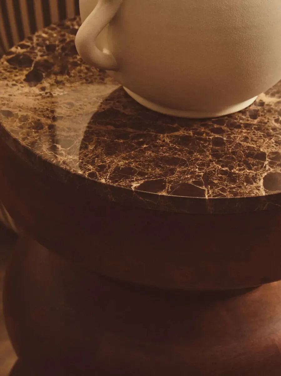 Esperance Living Barola Round Brown Marble and Mango Wood Carved Tiered Side Table House of Isabella UK