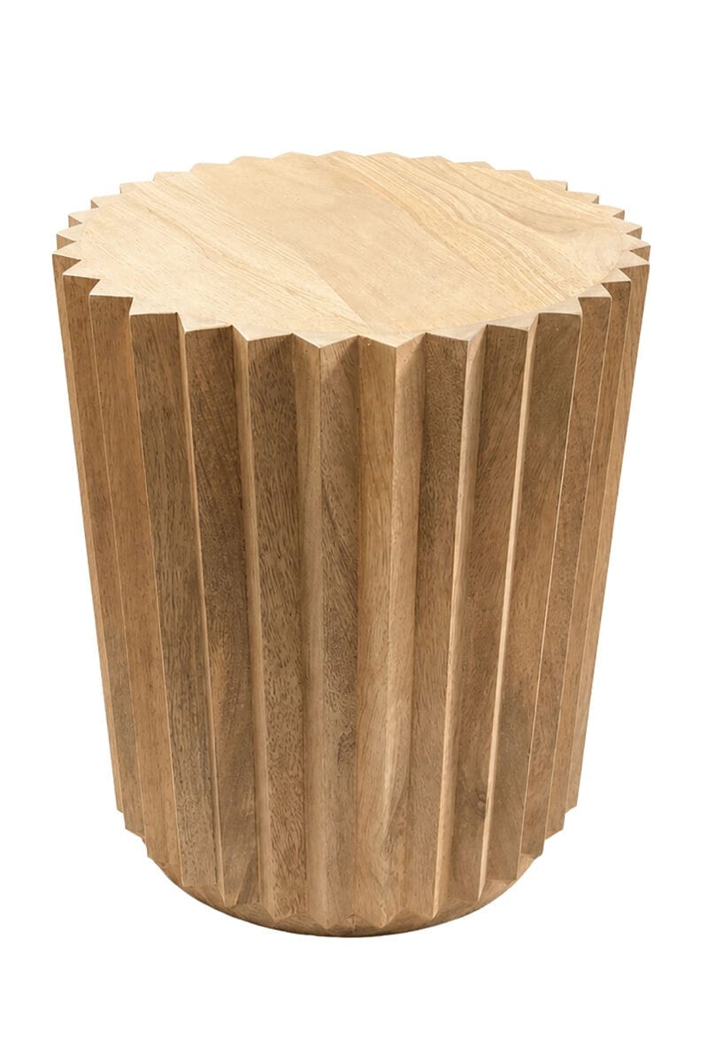 Esperance Living Barto Round Mango Wood Carved Ridged Side Table and Stool House of Isabella UK