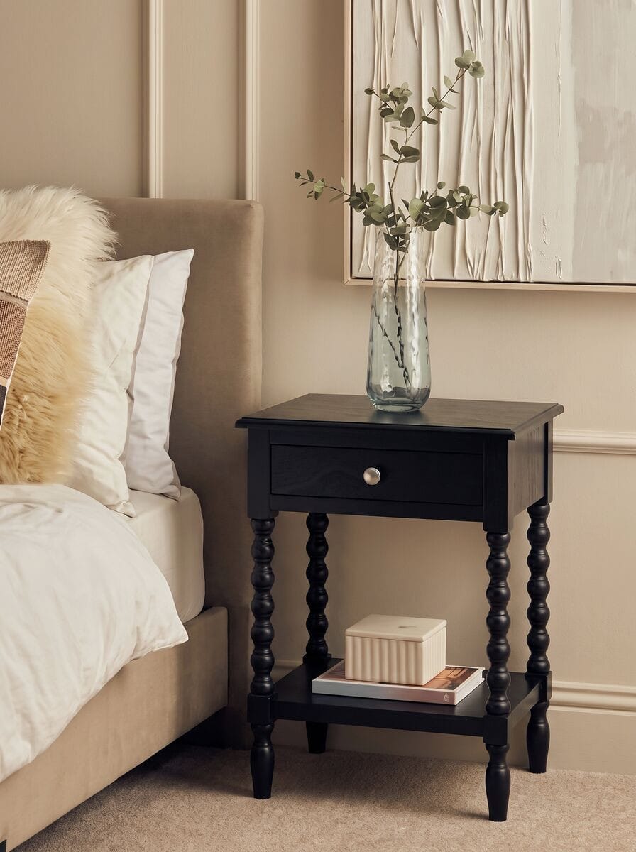Esperance Living Heritage One Drawer Bobble Detail Black Wooden Bedside Table House of Isabella UK