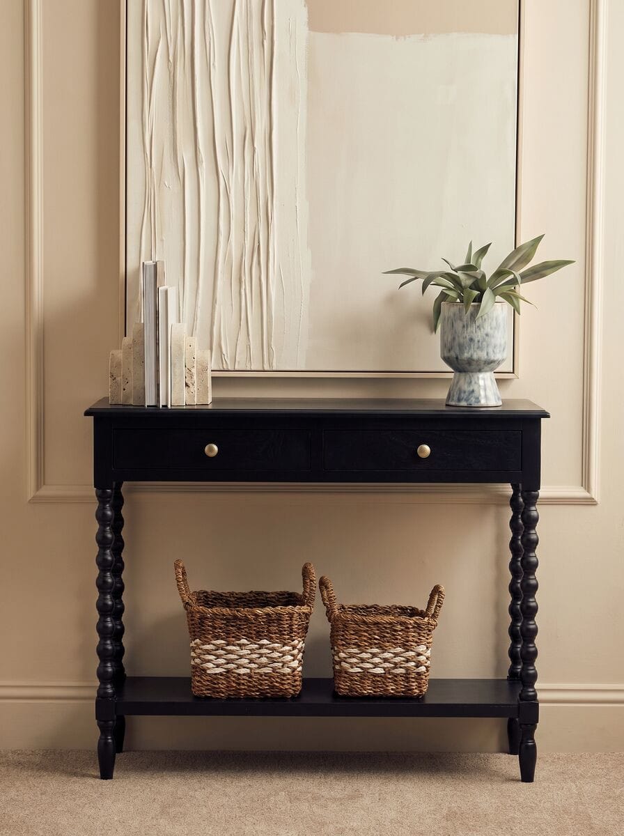 Esperance Living Heritage Two Drawer Bobble Detail Black Wooden Console Table House of Isabella UK