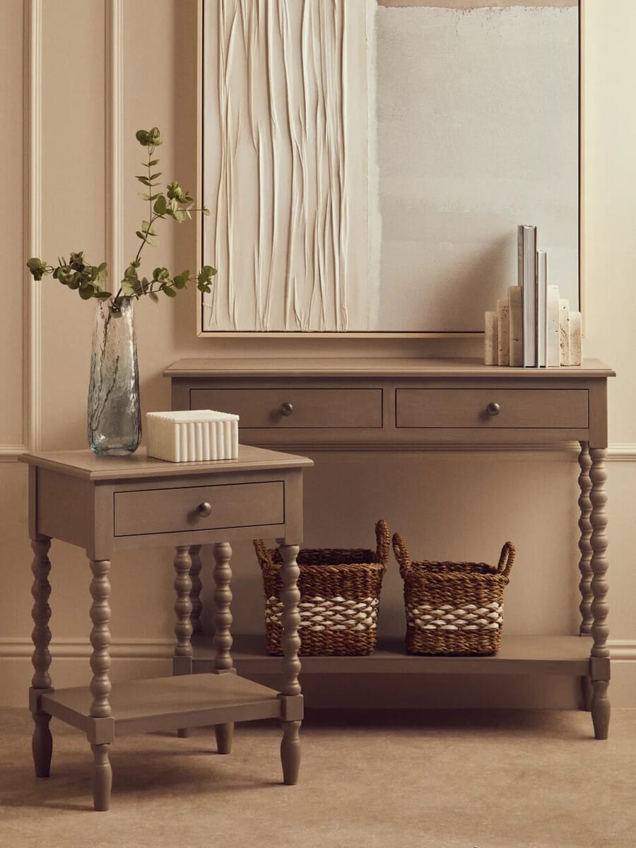 Esperance Living Heritage Two Drawer Bobble Detail Grey Wooden Console Table House of Isabella UK