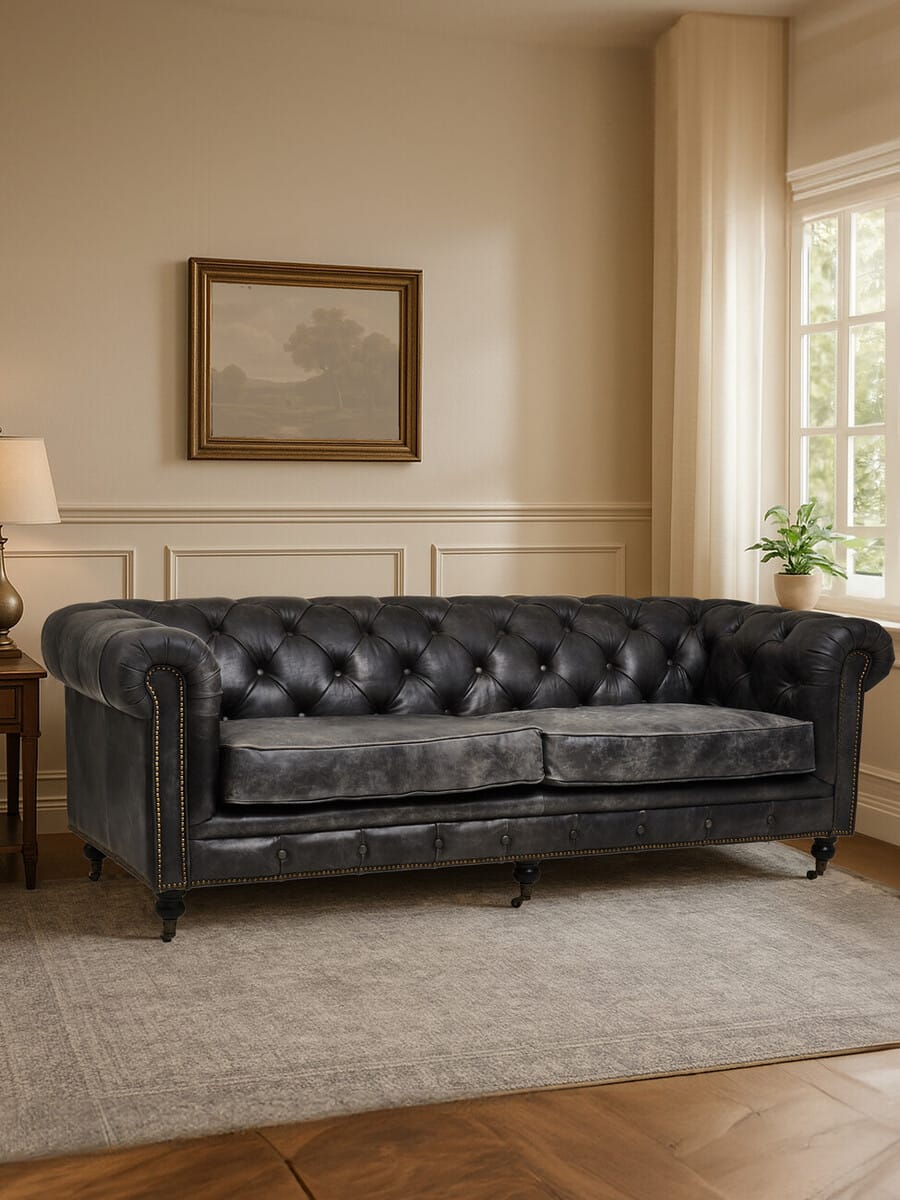 Esperance Living Hoxton Antique Black 3 Seat Chesterfield Leather Sofa House of Isabella UK