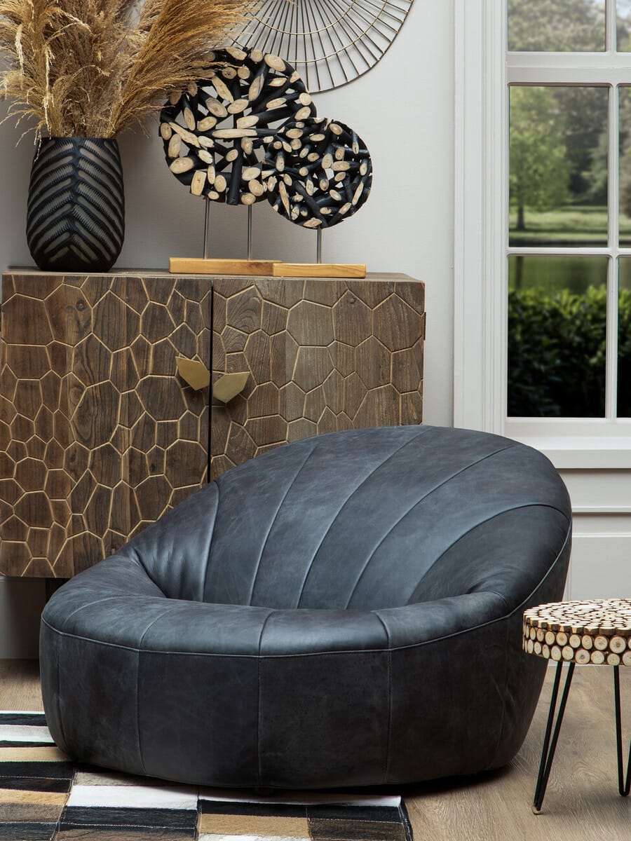 Esperance Living Hoxton Antique Black Leather Lounge Cocoon Chair House of Isabella UK