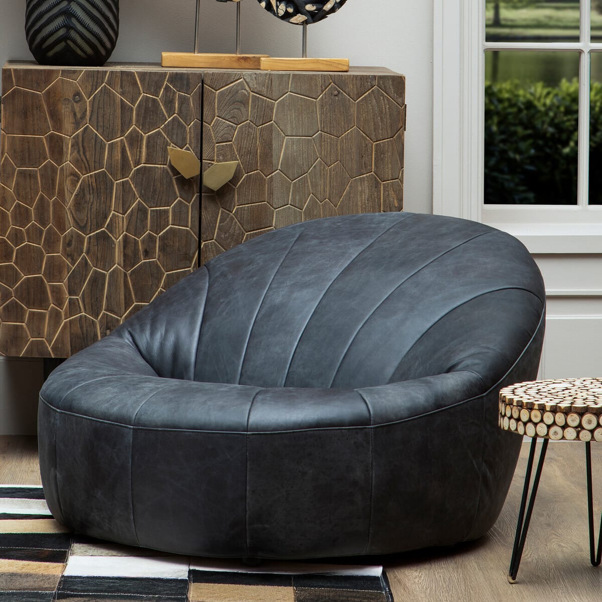 Esperance Living Hoxton Antique Black Leather Lounge Cocoon Chair House of Isabella UK