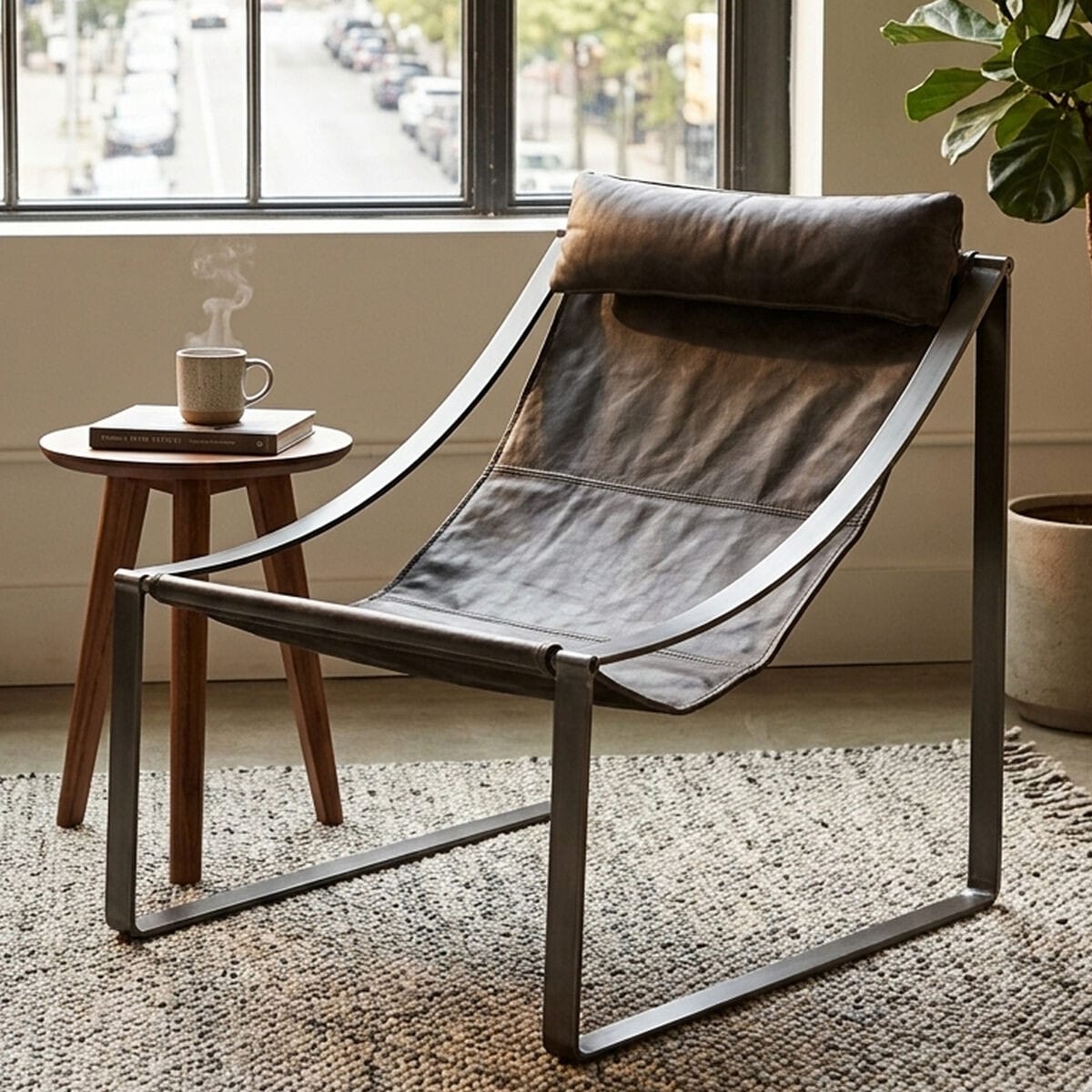 Esperance Living Hoxton Antique Black Leather Sling Chair House of Isabella UK
