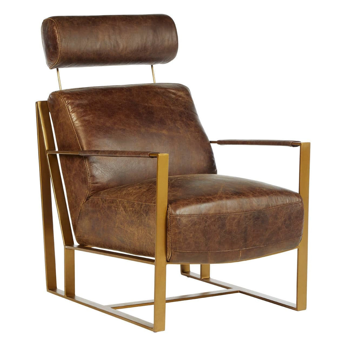 Esperance Living Hoxton Brown Leather Lounge Chair with Rose Gold Iron Frame House of Isabella UK