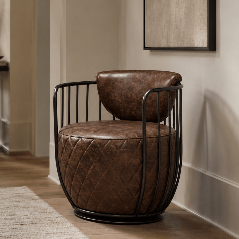 Esperance Living Hoxton Brown Leather Swivel Chair House of Isabella UK