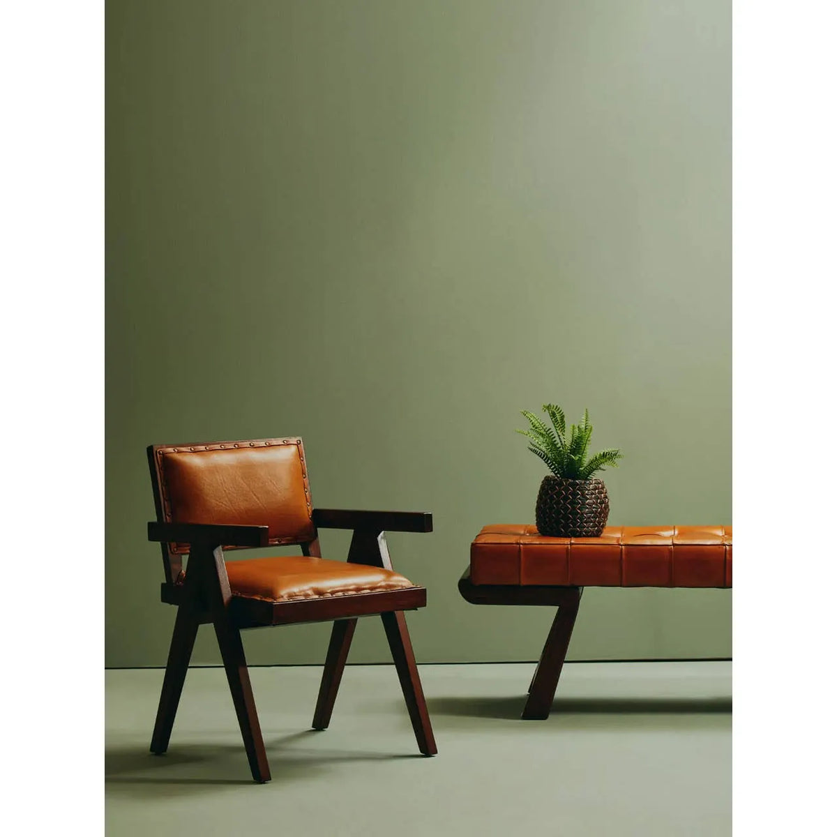 Esperance Living Inca Brown Leather Bench with Cedar Wood Angular Base House of Isabella UK