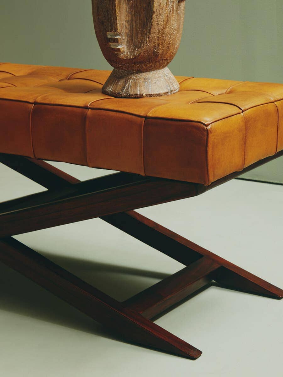Esperance Living Inca Brown Leather Bench with Cedarwood Base House of Isabella UK
