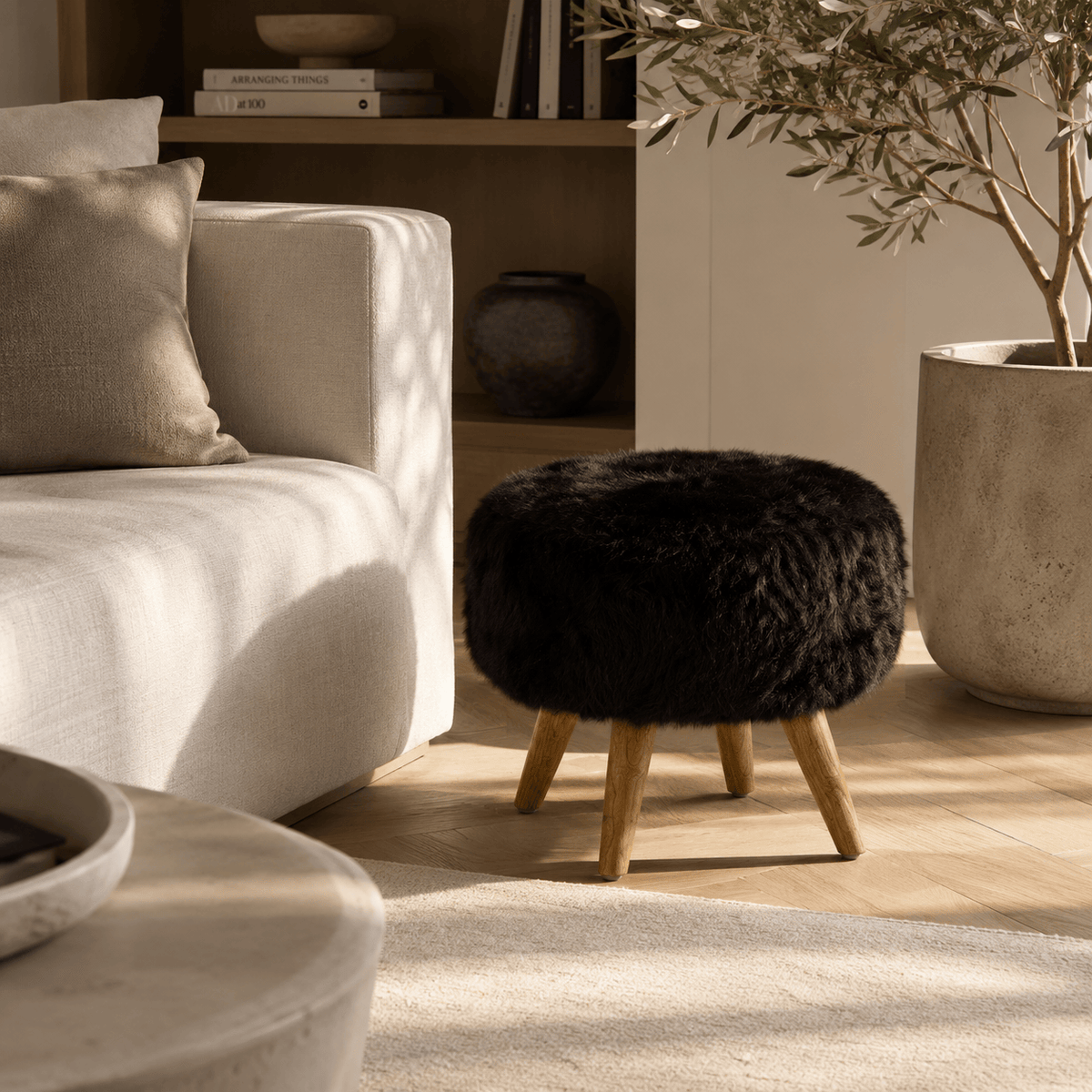 Esperance Living Jahmi Black Fur Stool House of Isabella UK