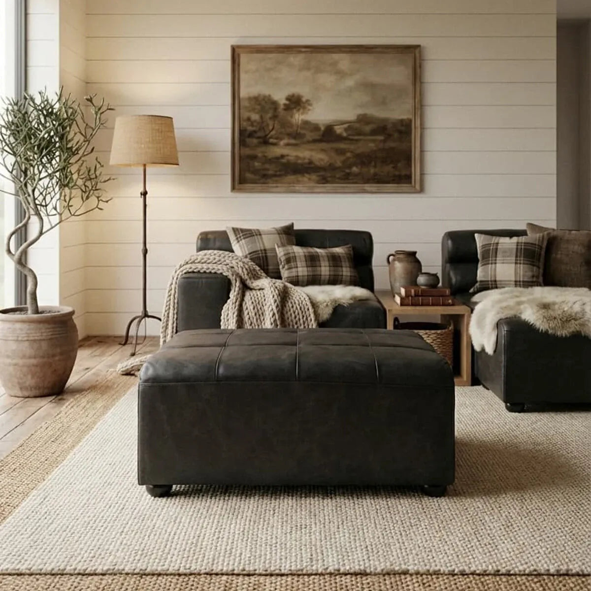 Esperance Living King Antique Black Leather Modular Ottoman House of Isabella UK