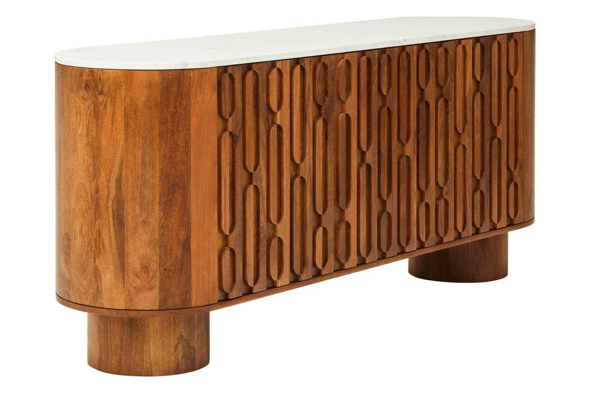 Esperance Living Torcino Mango Wood Carved Design Marble Top Three Door Sideboard House of Isabella UK