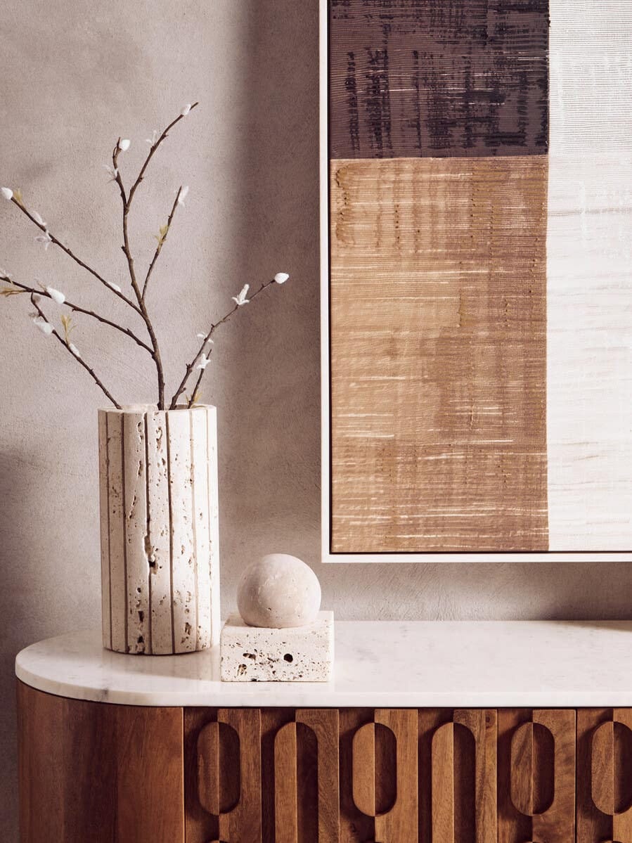 Esperance Living Torcino Mango Wood Carved Design Marble Top Three Door Sideboard House of Isabella UK