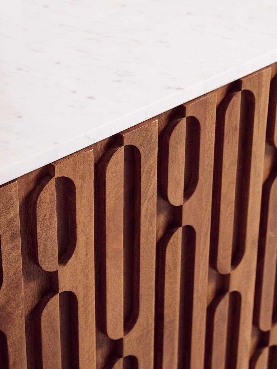 Esperance Living Torcino Mango Wood Carved Design Marble Top Three Door Sideboard House of Isabella UK