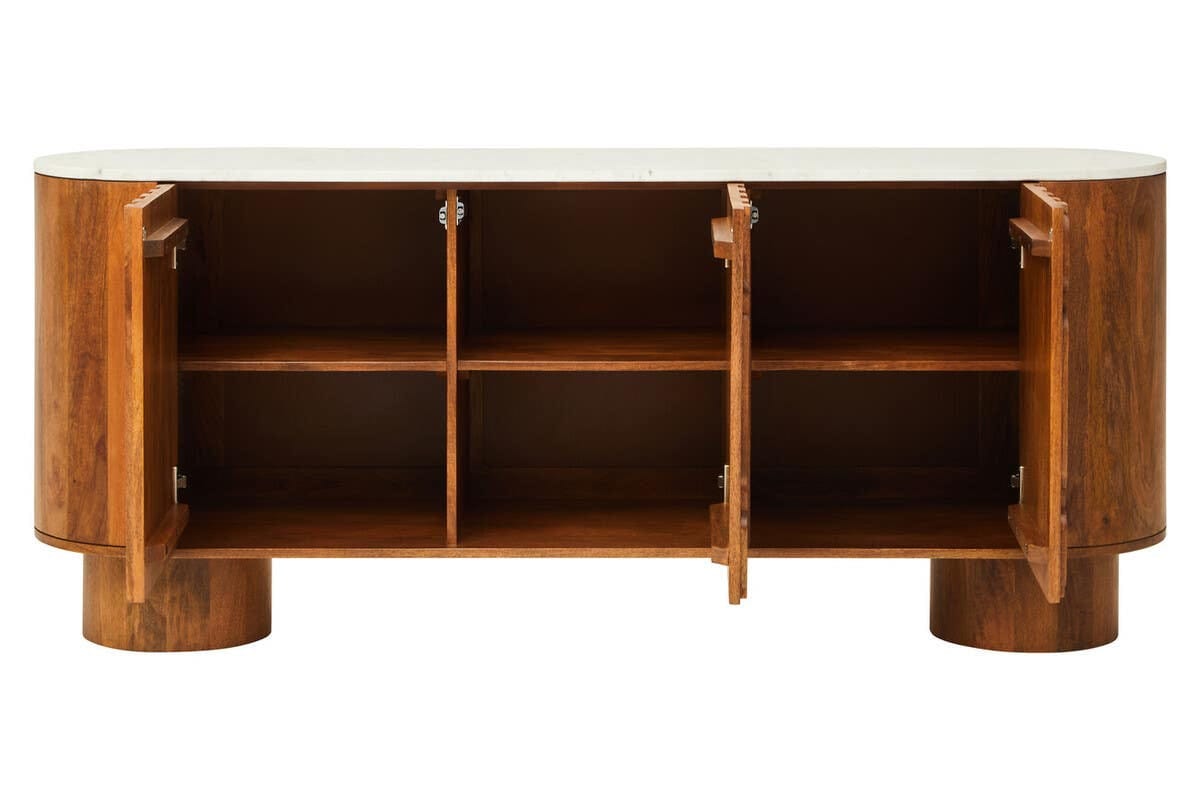 Esperance Living Torcino Mango Wood Carved Design Marble Top Three Door Sideboard House of Isabella UK