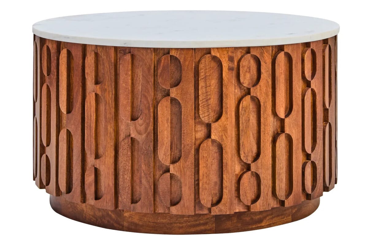 Esperance Living Torcino Marble and Carved Mango Wood Round Coffee Table House of Isabella UK