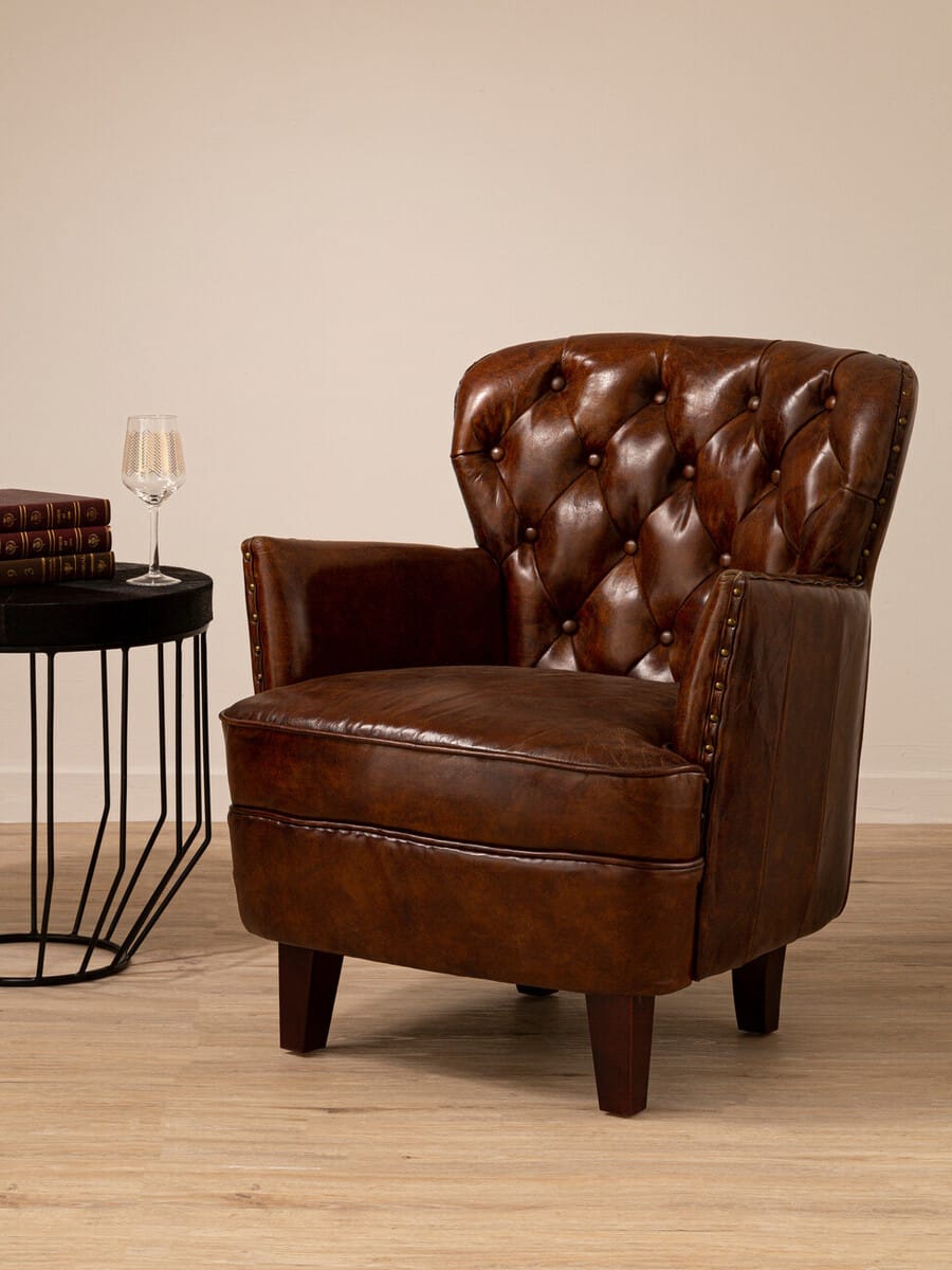 Esperance Living #Victor Brown Leather Armchair with Button Tufted Back House of Isabella UK
