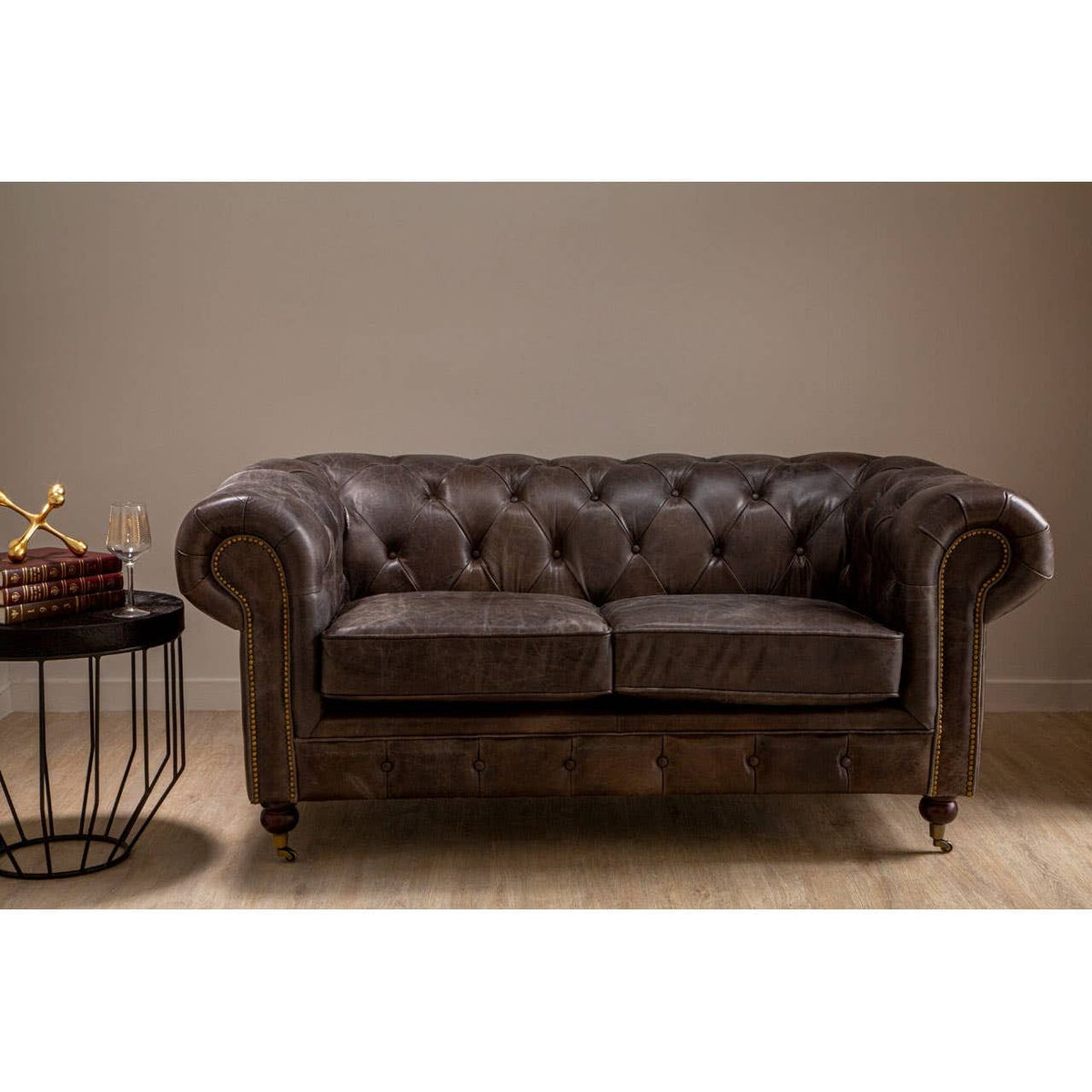 Esperance Living Victor Dark Grey Brown Leather Chesterfield 2 Seat Sofa House of Isabella UK
