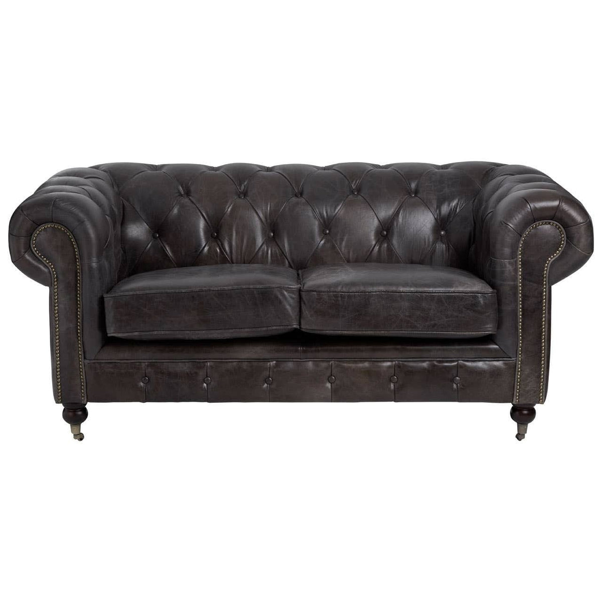 Esperance Living Victor Dark Grey Brown Leather Chesterfield 2 Seat Sofa House of Isabella UK