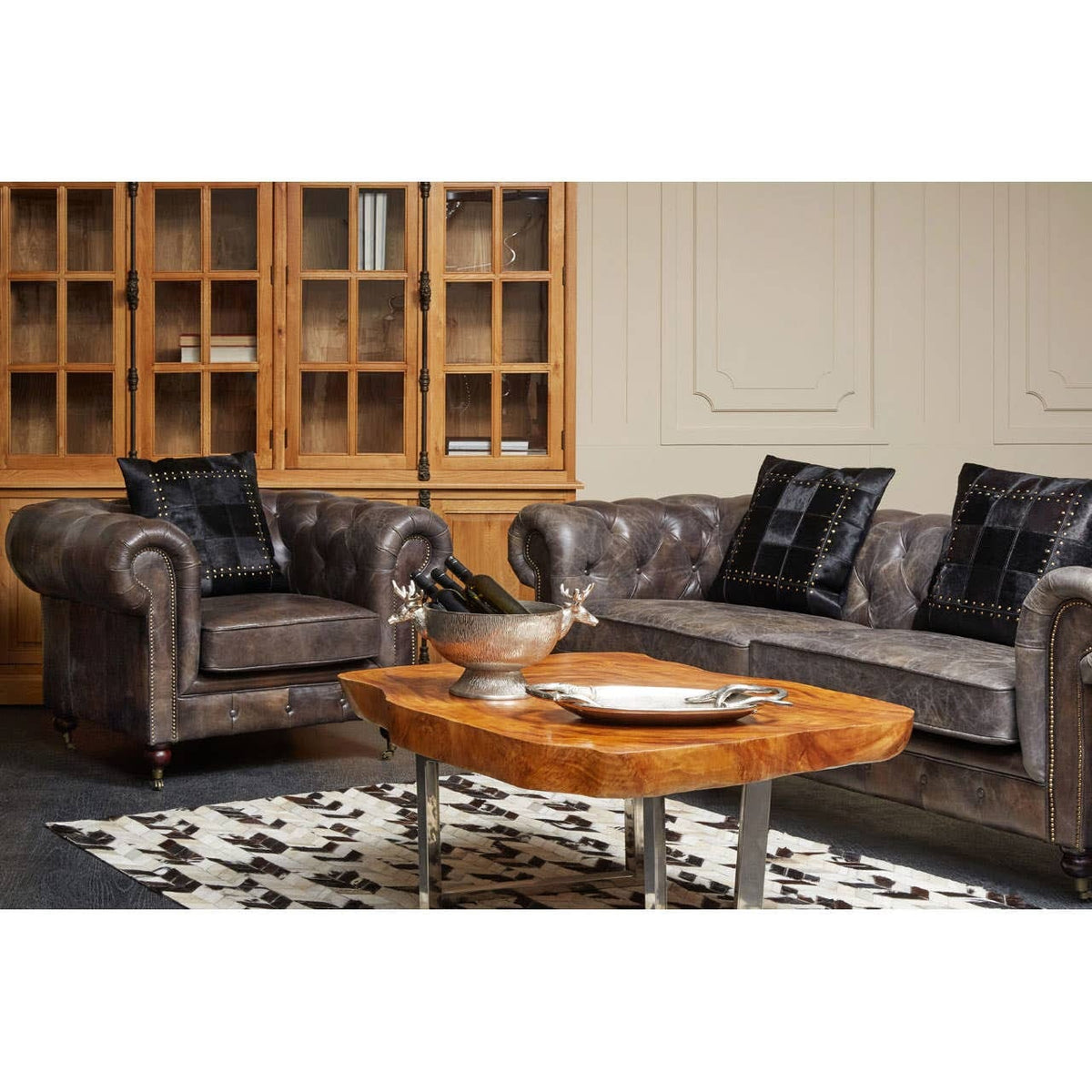 Esperance Living Victor Dark Grey Brown Leather Chesterfield Chair House of Isabella UK
