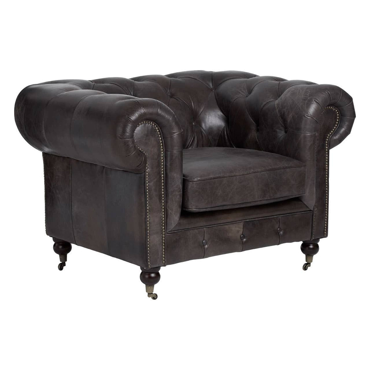 Esperance Living Victor Dark Grey Brown Leather Chesterfield Chair House of Isabella UK