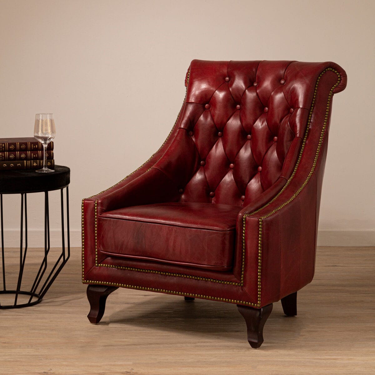 Esperance Living Victor Deep Red Leather Lounge Chair with Tufted Back House of Isabella UK