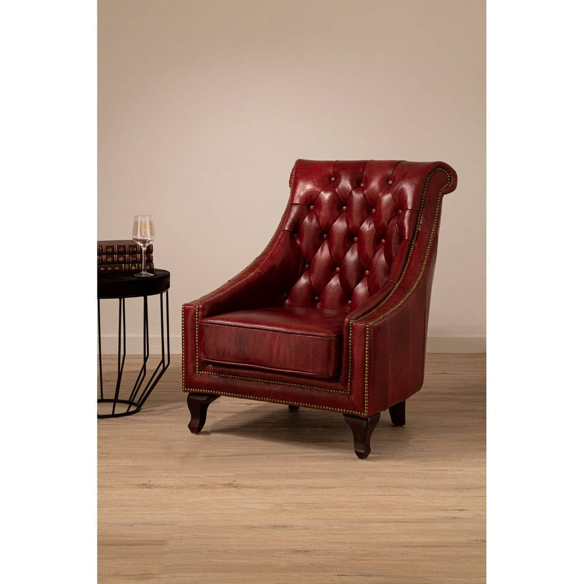 Esperance Living Victor Deep Red Leather Lounge Chair with Tufted Back House of Isabella UK