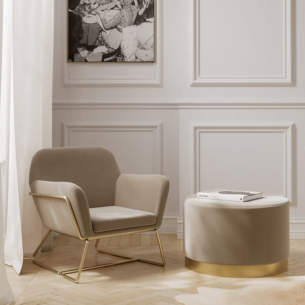 Lara Beige Velvet Large Pouffe.