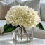 Faux Cream Hydrangeas Floral Arrangement in Square Glass Vase