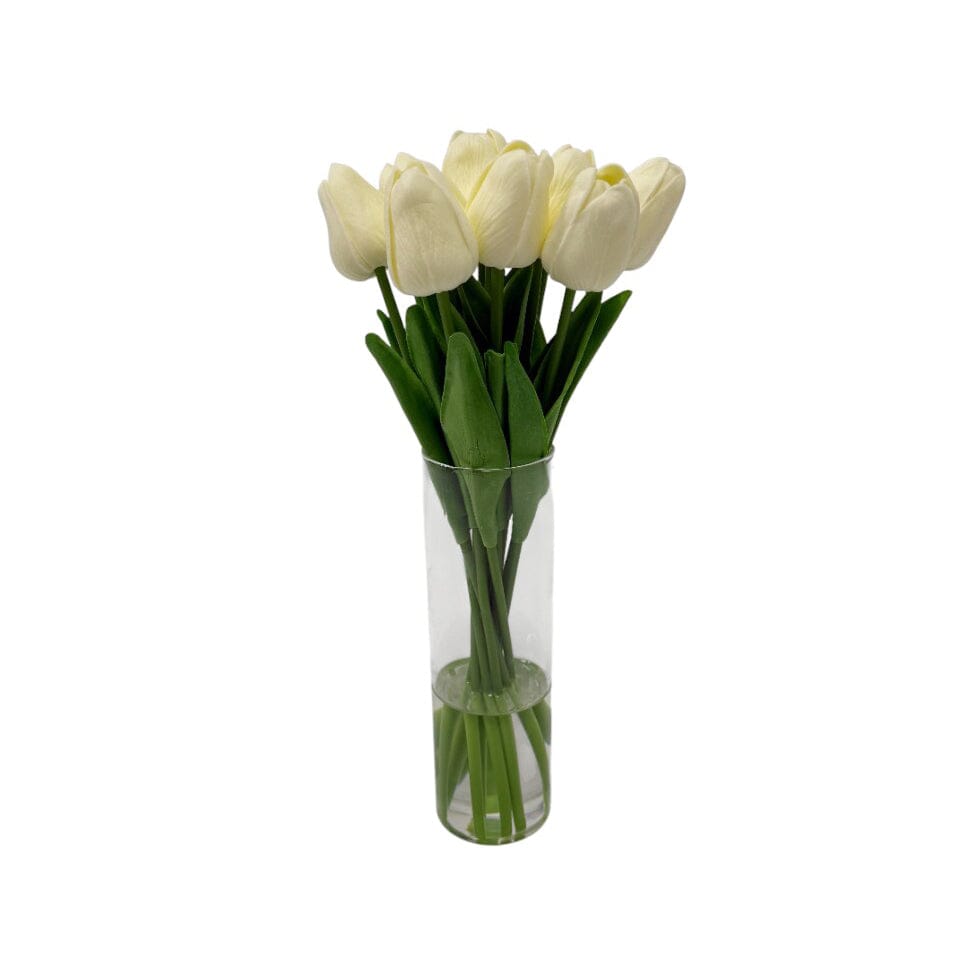 Faux Cream Tulip Floral Arrangement in Tall Glass Vase