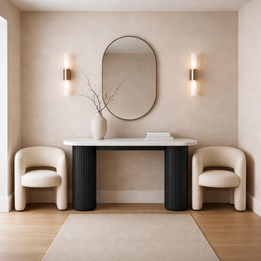 Walton Travertine Top Console Table with Black Acacia Wood Legs