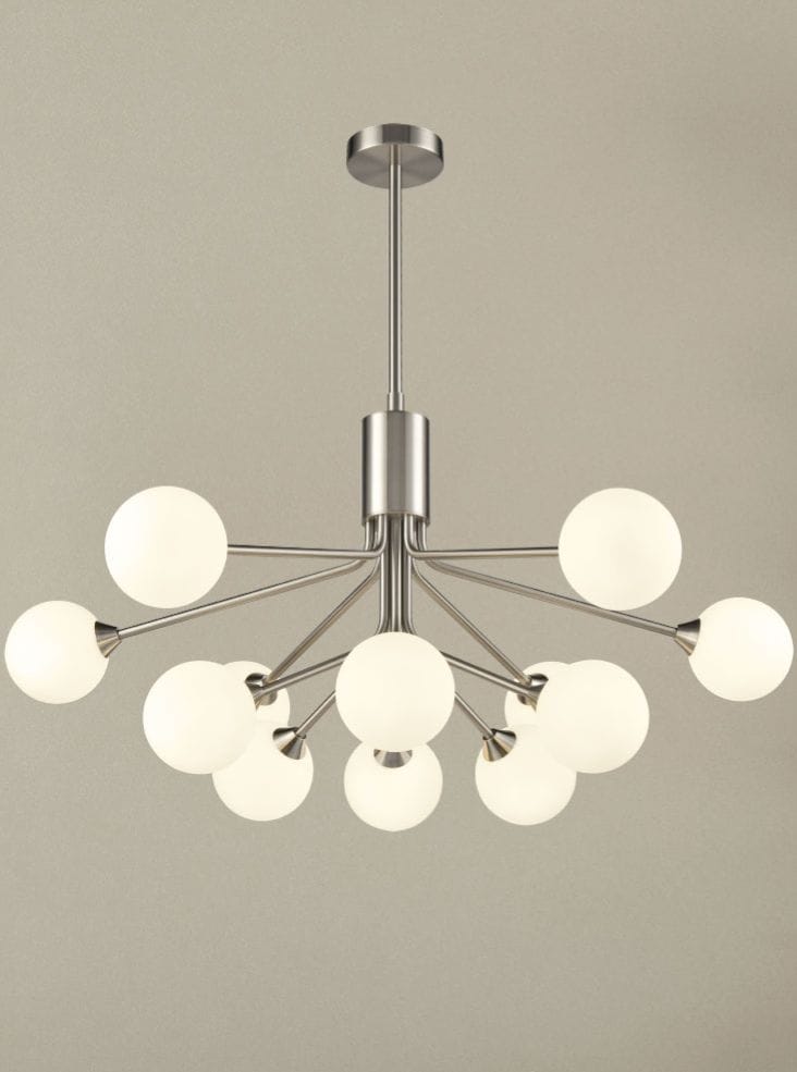 Franklite Lighting Cosmic 12 light pendant in satin nickel with matt opal glass House of Isabella UK