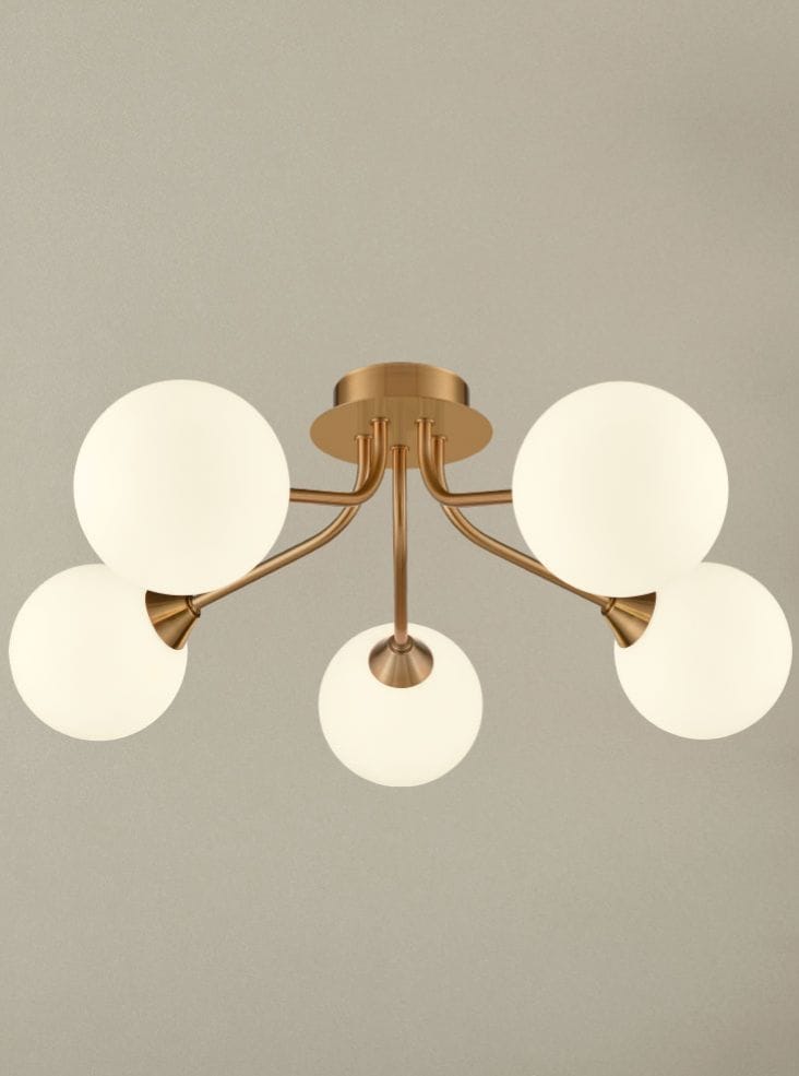 Franklite Lighting Cosmic 5 light fitting in antique gold with matt opal glass House of Isabella UK