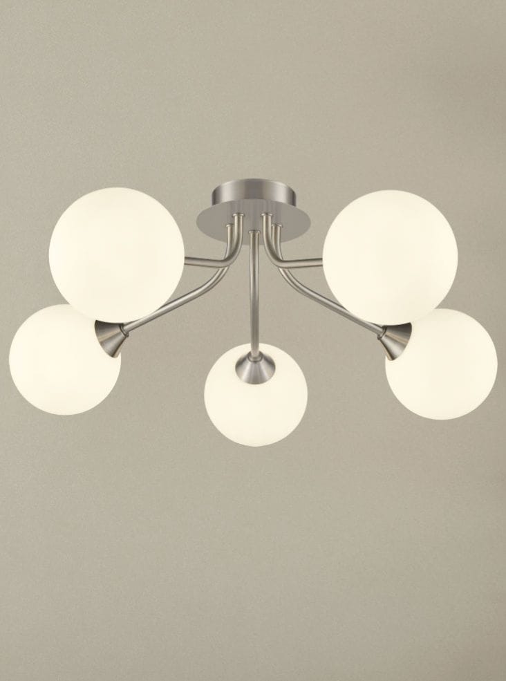 Franklite Lighting Cosmic 5 light fitting in satin nickel with matt opal glass House of Isabella UK