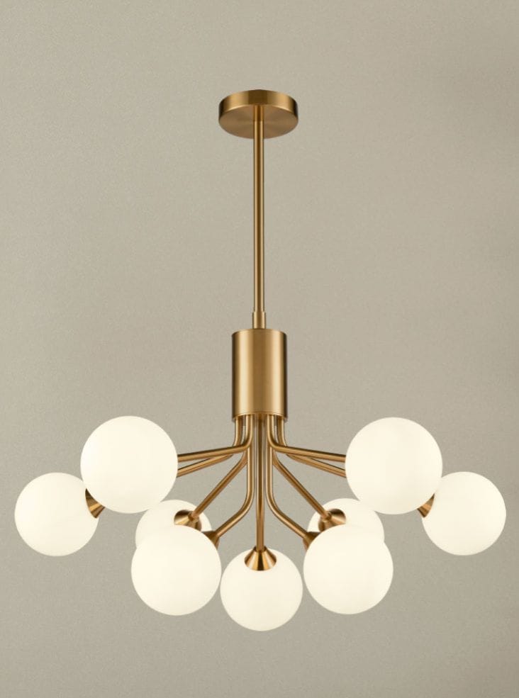 Franklite Lighting Cosmic 9 light pendant in antique gold with matt opal glass House of Isabella UK