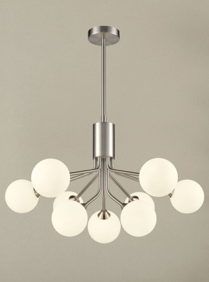 Franklite Lighting Cosmic 9 light pendant in satin nickel with matt opal glass House of Isabella UK