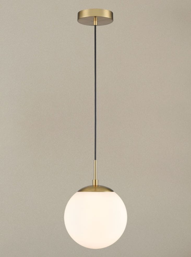 Franklite Lighting Galaxy single pendant in aged brass with matt opal glass House of Isabella UK