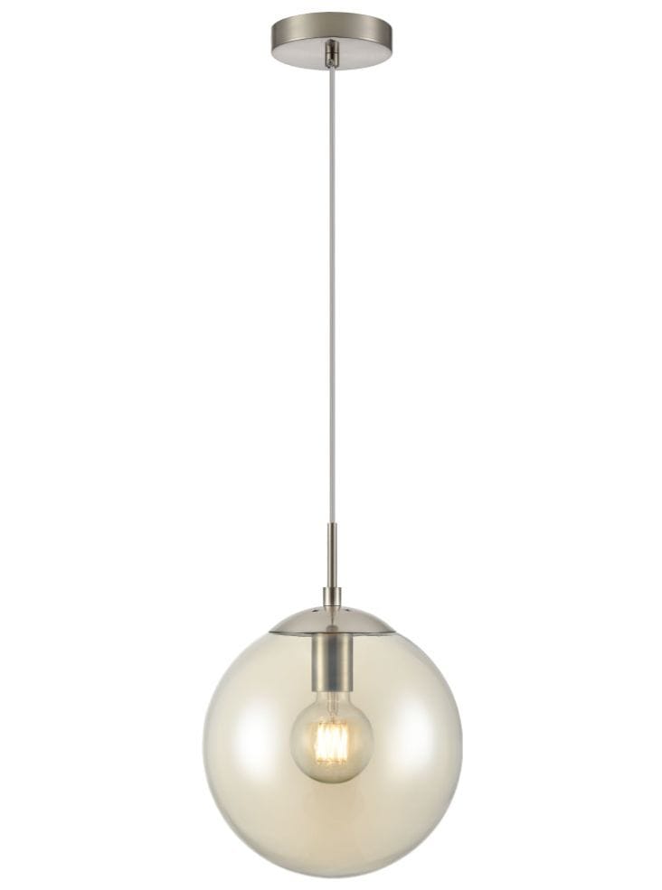 Franklite Lighting Galaxy single pendant in satin nickel with amber glass House of Isabella UK