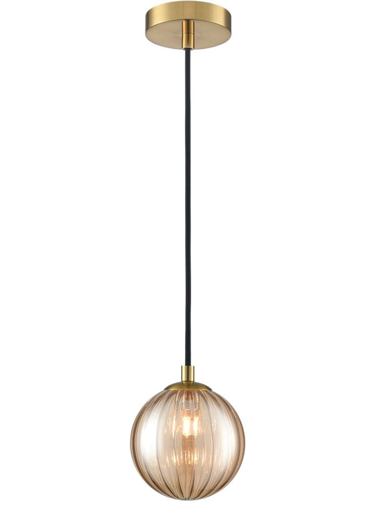 Franklite Lighting Globe Pendant Aged Brass With Amber Ribbed Glass House of Isabella UK