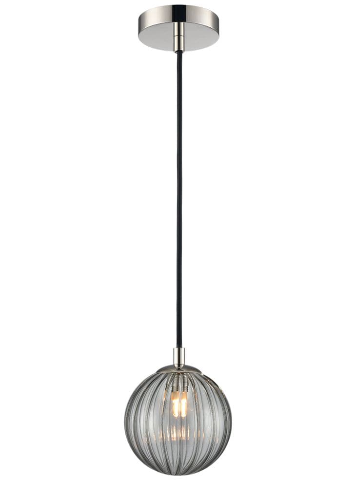 Franklite Lighting Globe Pendant Polished Nickel with Smoked Ribbed Glass House of Isabella UK