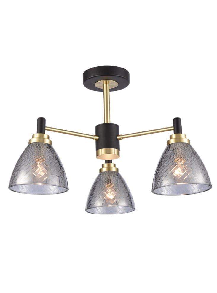 Franklite Lighting Metro 3lt semi flush Fitting matt black and satin brass House of Isabella UK