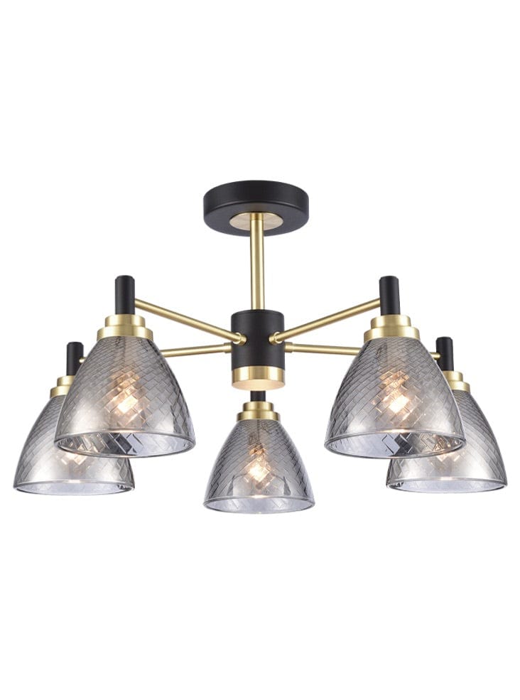 Franklite Lighting Metro 5lt semi flush Fitting matt black and satin brass House of Isabella UK
