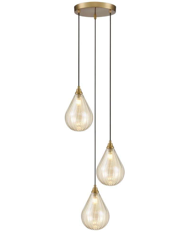 Franklite Lighting Perry 3 light Spreader in aged brass with amber glass House of Isabella UK