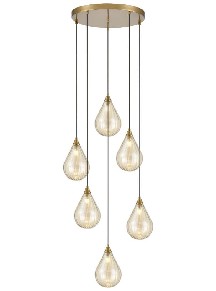 Franklite Lighting Perry 6 light Spreader in aged brass with amber glass House of Isabella UK