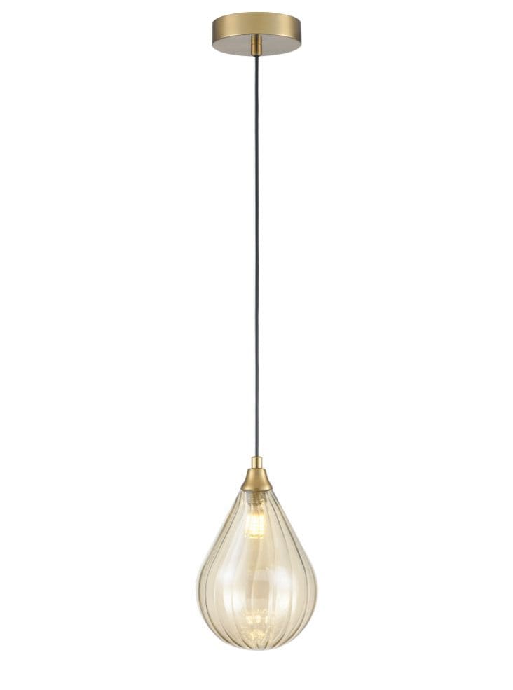 Franklite Lighting Perry single pendant in aged brass with amber glass House of Isabella UK