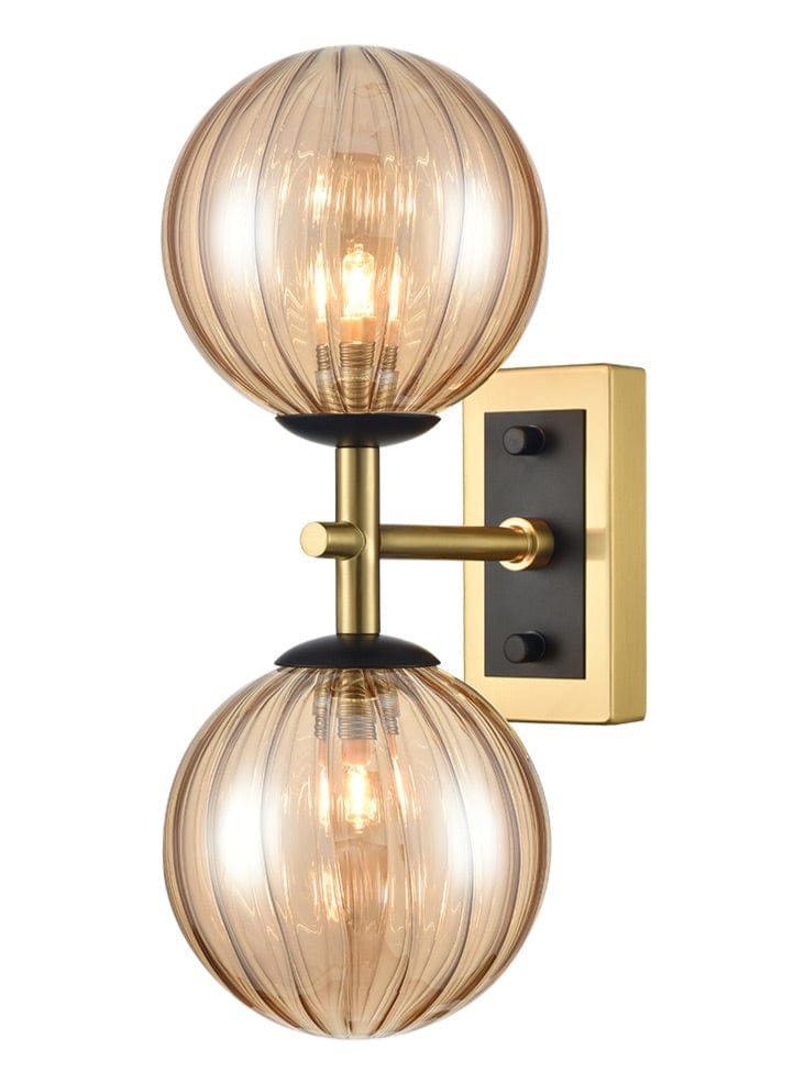 Franklite Lighting Stellar 2lt Bracket matt black and aged brass with amber glass House of Isabella UK